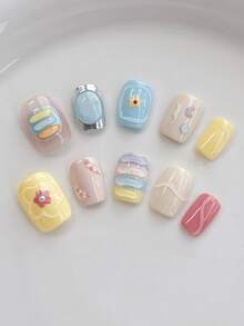 10pcs Handmade Short Rectangle Nail Stickers, Colors Include Yellow, Pink, Beige, Blue And Purple, With 3D Floral And Line Decor, Cute And Fashionable, Suitable For Spring, Summer, Autumn, Winter, Holidays And Daily Wear, For Women And Girls Nails Handmade Press On Nails - Multicolor - View 2