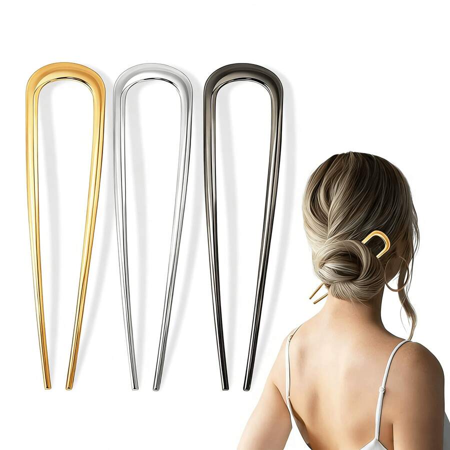 2pcs U-Shaped Metal Hair Clips, Suitable For Daily Wear,Summer,Holiday,Travel, Bun Extension, Hair Styling Pins - Multicolor - View 1