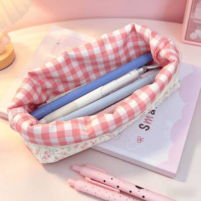 1pc Pink Floral Pattern Pencil Case, Large Capacity Student Stationery & Cosmetic Storage