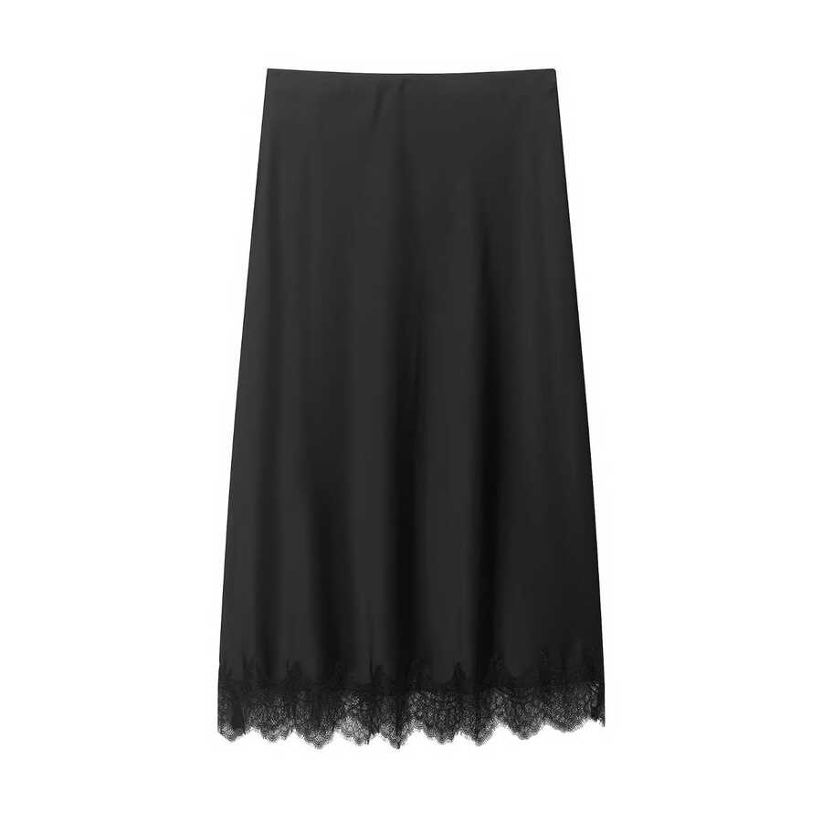 Falda midi de encaje y satén sexy de moda para mujer de primavera/verano, estilo europeo y americano en color negro - Negro - Ver 1