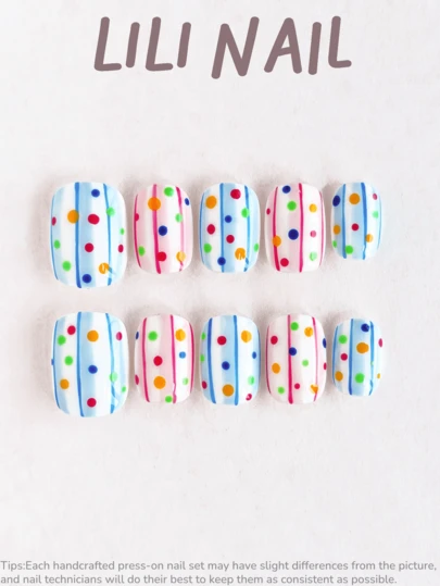 10 Pcs Handcrafted Acrylic Press On Nails,Short Nails,Squoval Nails,Blue Nails,Red Nails,INS Style,Polka Dot Nails,Striped Pattern,Hand Painted,Cute Nails,Cheap,Nail Supplies,Reusable Nail Set With Nail Tools,Summer,Spring,,Ideal For Daily Commute, Party & Office Gifts