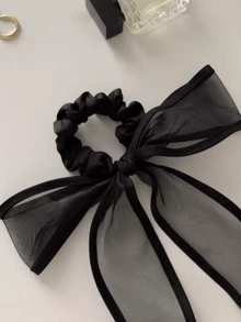 1pc Black Organza Bow Ribbon Hair Scrunchie, Elegant Chic Hair Accessory For Buns, Spring/Summer Travel Accessories Ponytail Holders Hair Elastics Hair Rubber Bands Hair Rope - Black - View 5