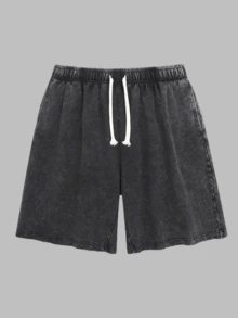 Men's Washed Vintage Shorts Casual Relaxed Fit Drawstring Waist Beach Shorts Streetwear Style Street Wear - 黑色 - 查看 2