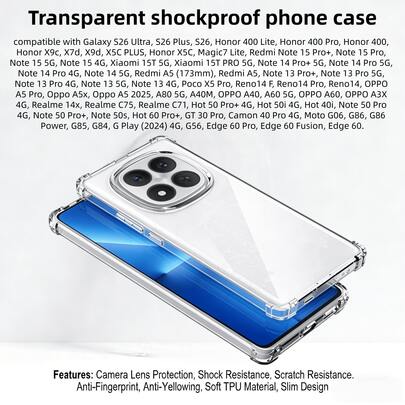 Transparent Shockproof Phone Case Compatible With Galaxy S26 Ultra, S26 Plus, S26, Honor 400 Lite, Honor 400 Pro, Honor 400, Honor X9c, X7d, X9d, X5C PLUS, Honor X5C, Magic7 Lite, Note 15 Pro+, Note 15 Pro, Note 15 5G, Note 15 4G, 15T 5G, 15T PRO 5G, Note 14 Pro+ 5G, Note 14 Pro 5G, Note 14 Pro 4G, Note 14 5G, A5 (173mm), A5, Note 13 Pro+, Note 13 Pro 5G, Note 13 Pro 4G, Note 13 5G