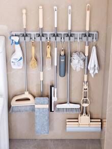 1pc 4 Clips And 5 Hooks Aluminum Wall Mounted Bathroom Mop Clip Rack, Broom Hanging Rack, Storage Rack, No-Drill Mop Holder, Suitable For Bathrooms And Balconies - 灰色 - 查看 1