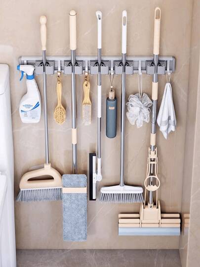 1pc 4 Clips And 5 Hooks Aluminum Wall Mounted Bathroom Mop Clip Rack, Broom Hanging Rack, Storage Rack, No-Drill Mop Holder, Suitable For Bathrooms And Balconies