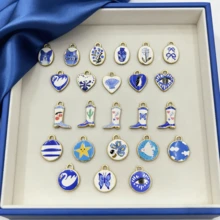 1 件装蓝白系列 DIY 首饰吊坠，心形/靴子/蝴蝶/天鹅/动物/花朵珐琅元素，复古少女风百搭吊坠配件 - 印刷藍色 - 查看 2