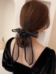 1pc Black Organza Bow Ribbon Hair Scrunchie, Elegant Chic Hair Accessory For Buns, Spring/Summer Travel Accessories Ponytail Holders Hair Elastics Hair Rubber Bands Hair Rope - Black - View 3