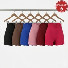 Women's High-Waisted Seamless Yoga Shorts, 6-Pack – Butt Lifting, Tummy Control, Breathable Stretch Gym Shorts – Black, Brown, Blue, Pink, Brick Red, And Rose Red - 彩色 - 查看 2