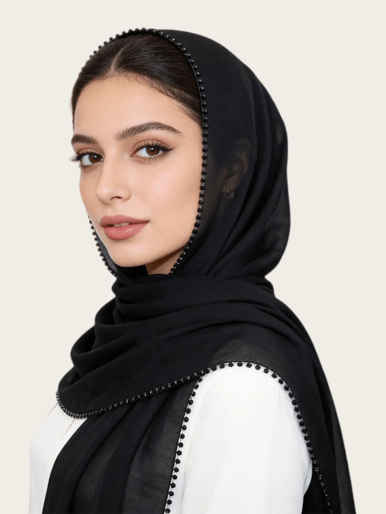 1pc Women's Fashionable High-Density TR Soft Solid Color Malaysian Hijab Scarf, Rectangular Design With Delicate Floral Trim, Versatile - TR Long Scarf In Multiple Colors - View 1