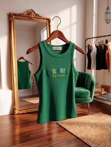 Women's Tank Top Summer 2026 With "BRAZIL" Embroidered Print, Ribbed Knit Fabric - GREEN 2 - View 4