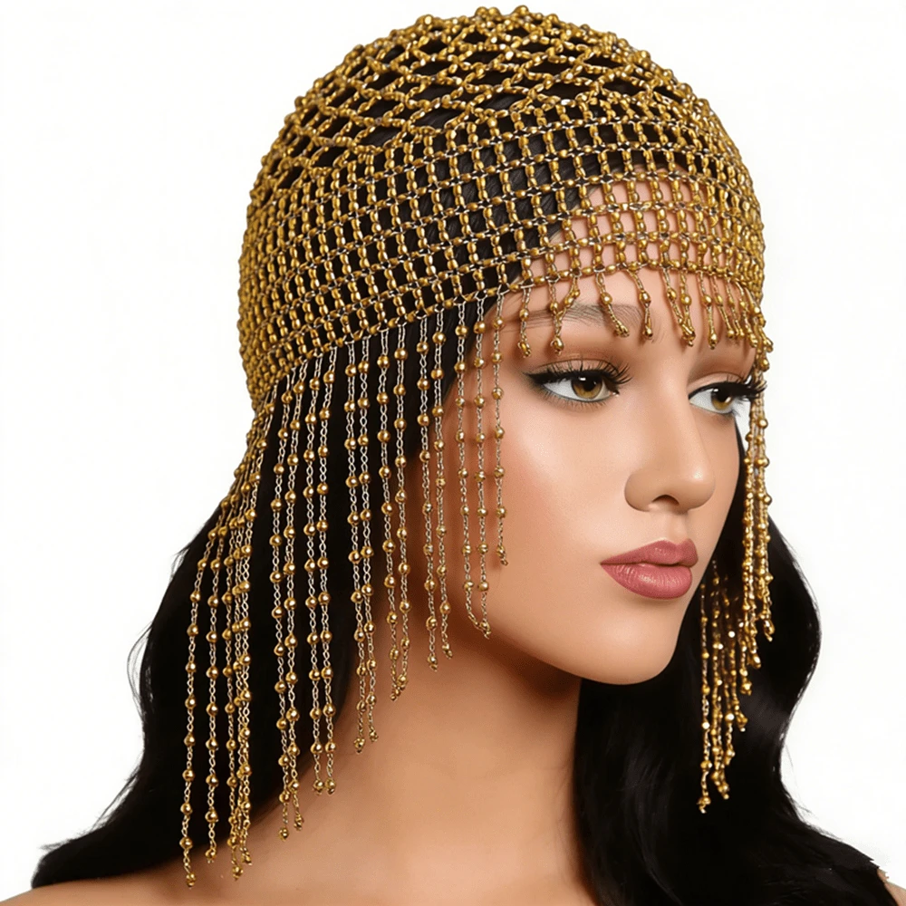 1件金色长流苏头链，舞蹈表演造型，阿拉伯新娘头饰，斋月礼物 - 金色 - 查看 1