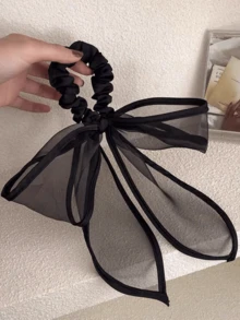 1pc Black Organza Bow Ribbon Hair Scrunchie, Elegant Chic Hair Accessory For Buns, Spring/Summer Travel Accessories Ponytail Holders Hair Elastics Hair Rubber Bands Hair Rope - Black - View 1