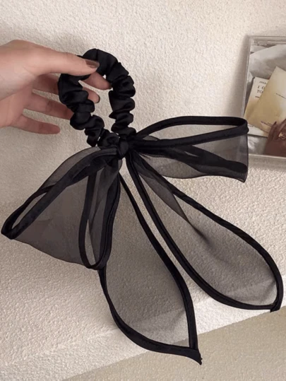 1pc Black Organza Bow Ribbon Hair Scrunchie, Elegant Chic Hair Accessory For Buns, Spring/Summer