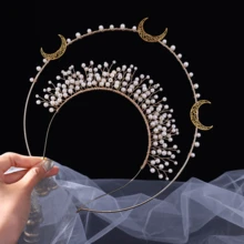 1 chiếc băng đô hình trăng khuyết đính ngọc trai thủ công, phụ kiện tóc cô dâu/dự tiệc/đám cưới. - Vàng - Xem 2