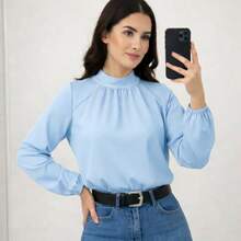 Women's Long Sleeve Blouse With High Neck And Gathered Detail, Elegant Casual Fashion 2026, Suplex - 淺藍色 - 查看 4