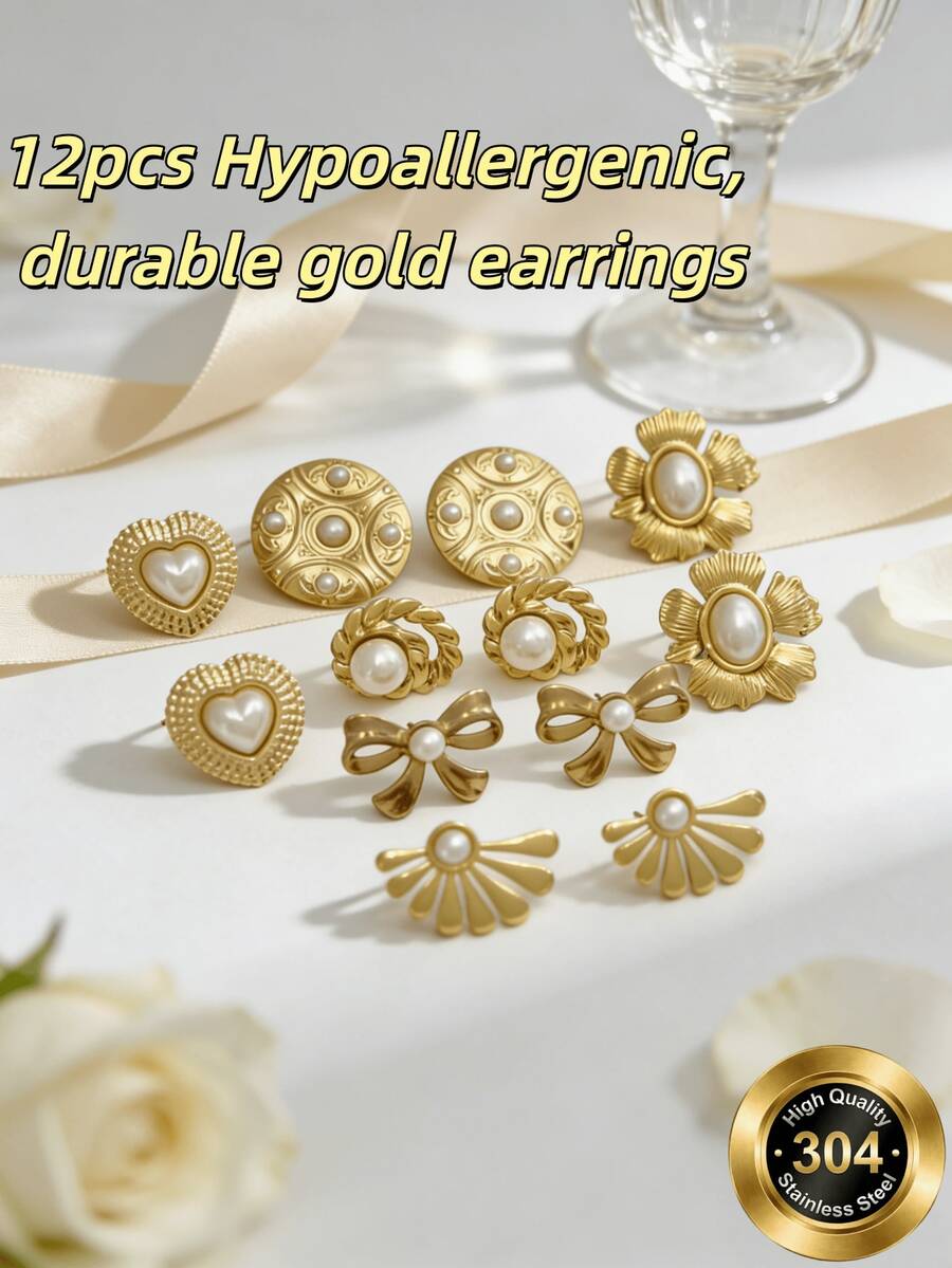 12/6件套金色花朵耳环套装,优雅日常或派对佩戴皆宜,是节日或生日的理想礼物。耳环套装,女士耳环套装,奢华镀金首饰,女士沙滩配饰,沙滩耳环。 - 金黃色 - 查看 1