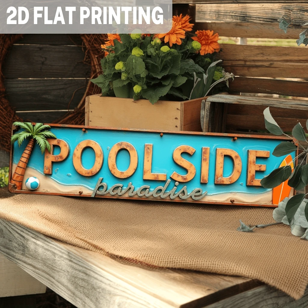 2D Flat - 1pc Simple Pool Side Amusement Park Metal Sign - Vintage Tropical Beach Wall Decor, 4x16 Inch, Simple 2D Flat Print, Suitable For Living Room, Bedroom, Bar, Patio And Pool Side Theme, Beach Theme Decoration - Multicolor - View 1