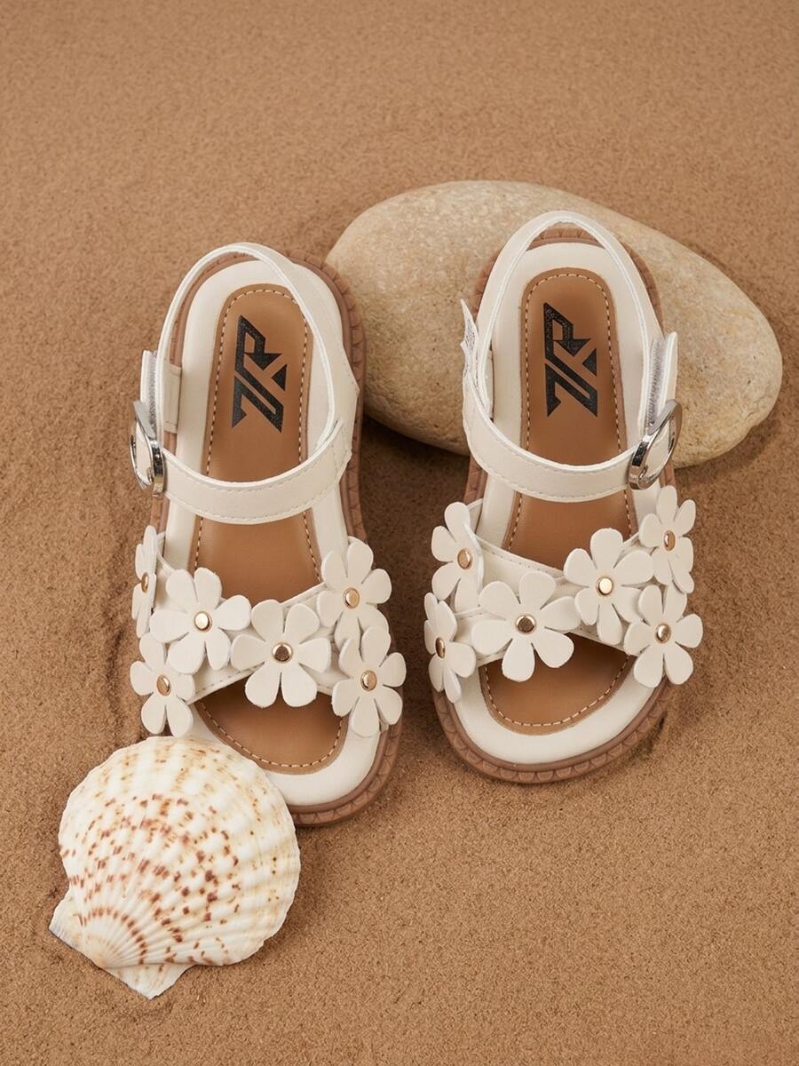 1 Pair Kids Girls Flower Decor PU Leather Open-Toe Ankle Strap Flat Sandals, Sweet Casual Beach Shoes For Spring & Summer Outdoor Activities - 白色 - 查看 1