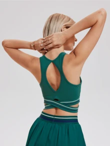 KYRLSSU Contrast Striped Criss-Cross Tie Round Neck Sleeveless Sports Tank Top - Green - View 5