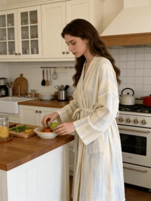 Áo choàng ngủ nữ kiểu Hàn Quốc thanh lịch, cổ chữ V, cổ kimono, thắt eo, dài đến đầu gối, thích hợp cho mùa xuân và mùa thu. - Nhiều màu - Xem 4