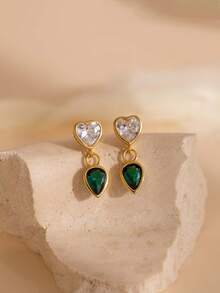 Bông tai bạc S925 không gây dị ứng hình trái tim đính đá CZ xanh lá cây, món quà tinh tế dành cho bạn gái và cũng thích hợp để đeo hàng ngày. - Vàng - Xem 7