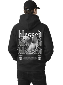 Men's Fleece Hoodie, Street Style,  Print, Statue Writing, Streetwear, Long Sleeve Hooded Sweatshirt, Unisex Jacket With Pocket. - 黑色 - 查看 1
