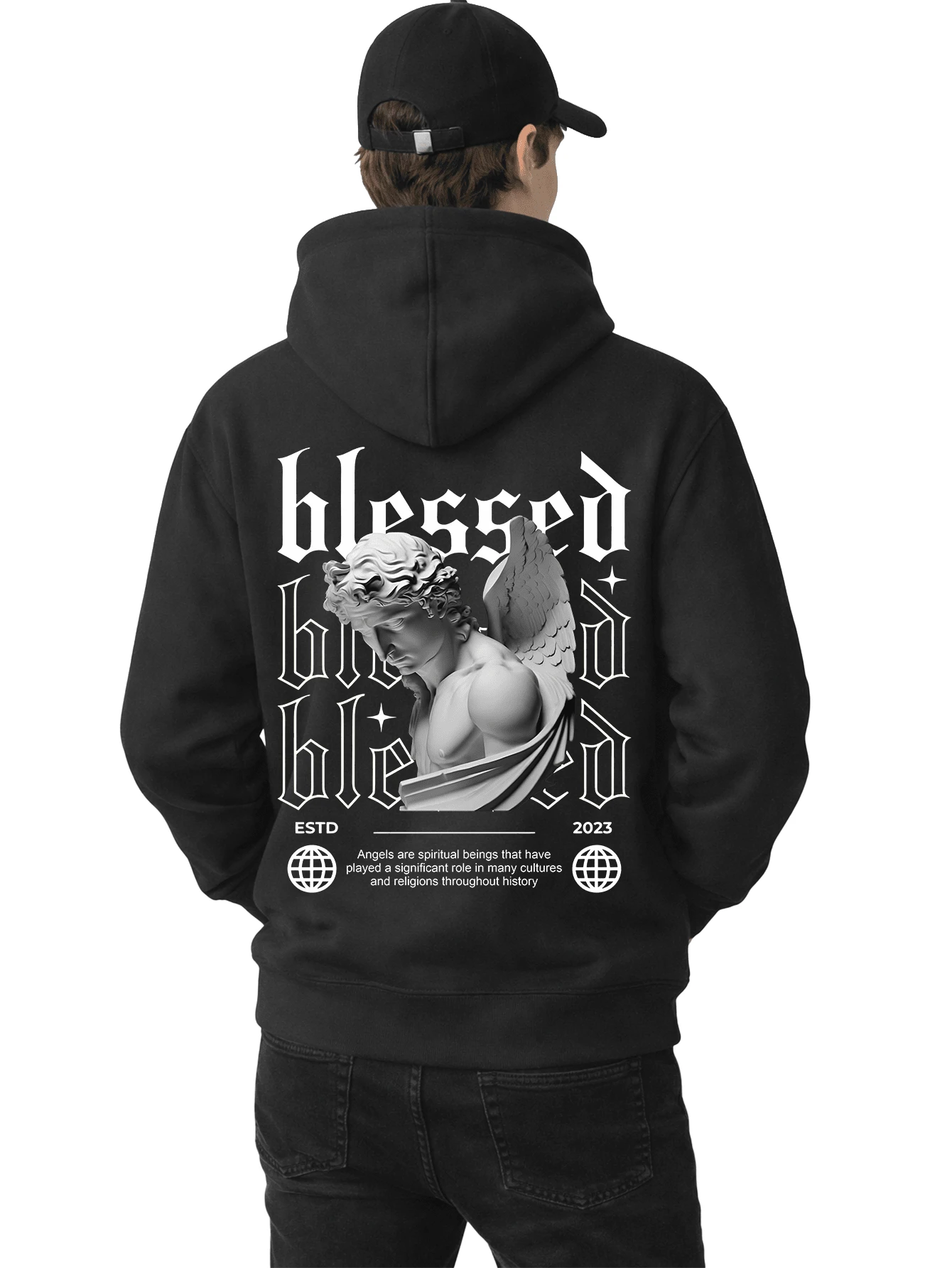Men's Fleece Hoodie, Street Style, Print, Statue Writing, Streetwear, Long Sleeve Hooded Sweatshirt, Unisex Jacket With Pocket. - 黑色 - 查看 1