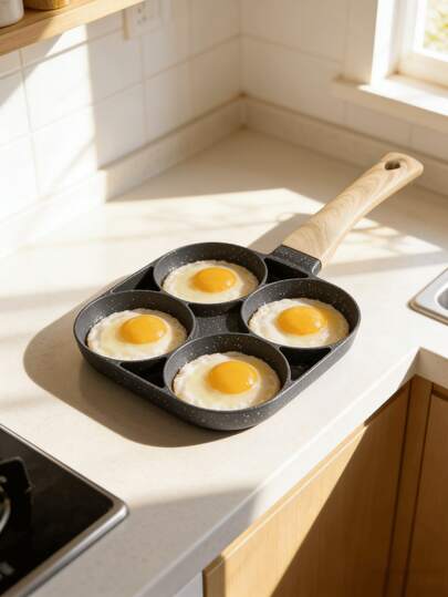1 pieza Sartén antiadherente de 4 agujeros con mango de madera, revestimiento de mármol, apta para freír huevos y panqueques, compatible con placa de inducción, duradera, apta para lavavajillas, material de aleación de aluminio, regalo ideal para vacaciones, Navidad, Halloween