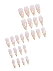 24片裸粉色猫眼长尖头按压式美甲套装，饰有3D金箔不规则线条，简约闪亮，适合派对佩戴 - 杏色 - 查看 4