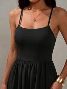 Midi Dresses With A Loose Fit And Layered Skirt With Thin Straps, Elegant For Women, Suitable For Everyday Wear. - 黑色 - 查看 4
