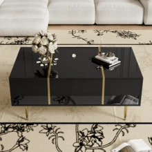 Masă de cafea lucioasă / Masă elegantă de living / Modernă și simplă, cu 2 sertare / Robustă și durabilă, cu mult spațiu de depozitare / Potrivită pentru camere de zi și birouri - Negru - Vizualizare 1