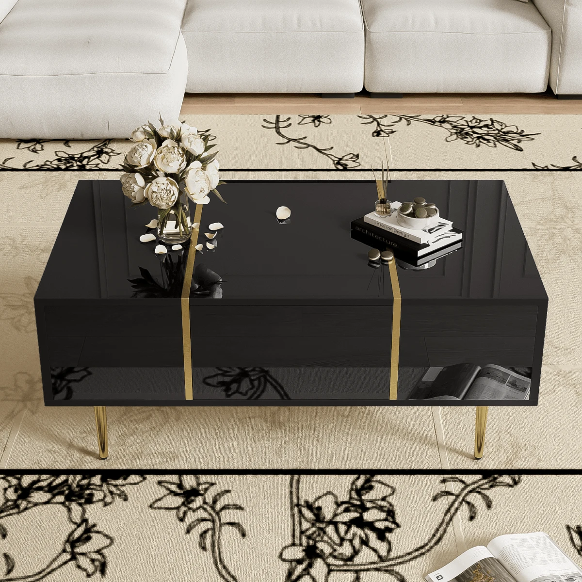 Masă de cafea lucioasă / Masă elegantă de living / Modernă și simplă, cu 2 sertare / Robustă și durabilă, cu mult spațiu de depozitare / Potrivită pentru camere de zi și birouri - Negru - Vizualizare 1