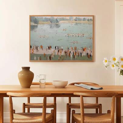 Juego de 1 obra de arte de pared costera - Pintura de escena de remo impresionista | Obra de arte de multitud en el lago | Decoración deportiva moderna neutra para sala de estar, casa de lago, hogar costero, sin marco/con marco