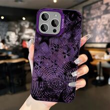Grunge Purple Black Abstract Floral Halftone Pattern IMD Purple Matte Phone Case, High-End Atmospheric,  Compatible With Apple 17 Pro Max/17 Air/16 Pro Max/15/14 Plus/13/12/11, Waterproof Shockproof Anti-Fall Scratch Resistant - 紫色 - 查看 2