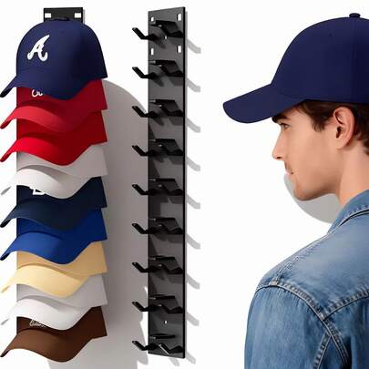 2pcs Dual-Color Baseball Cap Holder Rack, Space-Saving Wall Mount Cap Organizer, Adhesive Hooks Fit Door & Wardrobe, Holds Up To 9 Caps, Cap Display & Storage Box, Dual-Layer Option
