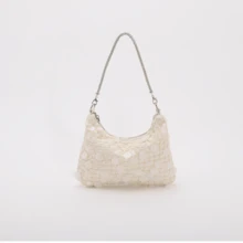Women's Cream White 3D Sequin Hobo Shoulder Bag, Removable Chain Strap Evening Party Handbag - Champagne - View 10