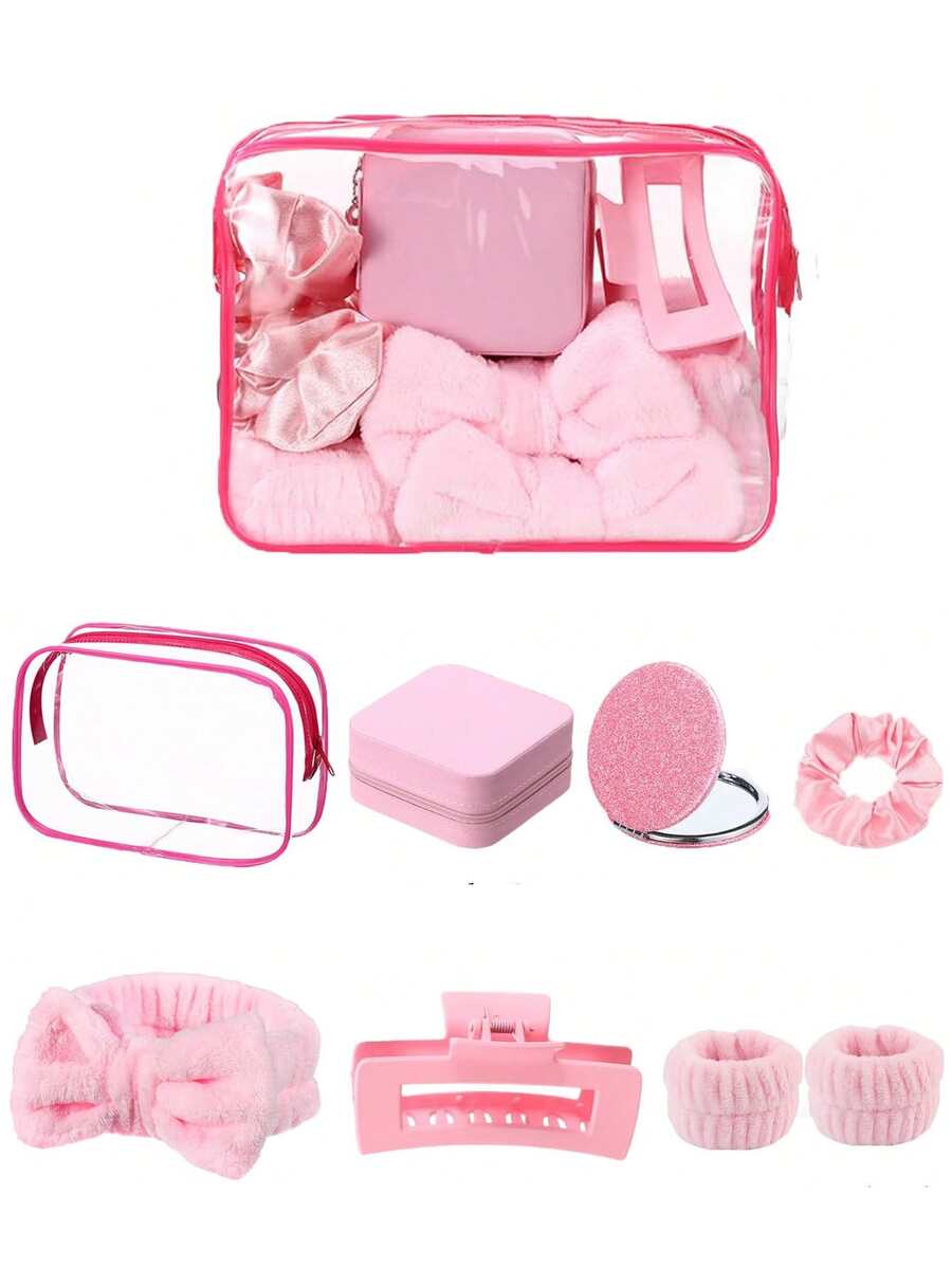 8pcs Girls SPA Party Gift Set, Pink Pajama Party Supplies Including Bow Headband, Wristband, Scrunchie, Hair Clips, Jewelry Box, Cosmetic Bag, Mirror, Suitable For Bridesmaid Favors - Pink - View 1