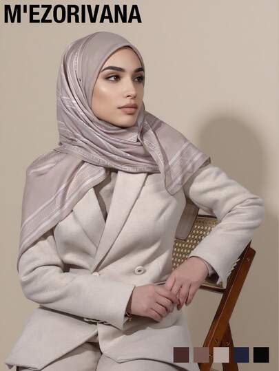 Pañuelo de cabeza estampado de satén con patrón geométrico, elegante y versátil para mujeres musulmanas, disponible en múltiples colores, para playa y vacaciones