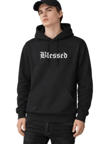Men's Fleece Hoodie, Street Style,  Print, Statue Writing, Streetwear, Long Sleeve Hooded Sweatshirt, Unisex Jacket With Pocket. - 黑色 - 查看 4