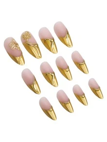 24片优雅金色中号杏仁形美甲贴纸，饰有金色箔纸法式3D线条和花卉图案，时尚百搭，适合派对美甲 - 金色 - 查看 5