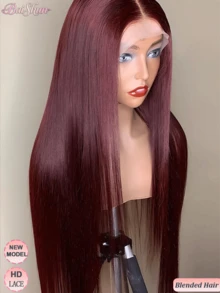 巴西原生发 13x4 高清蕾丝前假发，真人前额发，预先拔毛，200 密度，直发，无胶假发，真人混纺蕾丝前假发，带婴儿发，女士蕾丝前假发 #99J 酒红色 - SBUG/99J - 查看 2