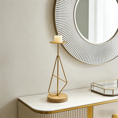 北欧风格几何铁艺烛台，木质底座，豪华桌面香薰蜡烛架，黑金/金双色可选 BY26056