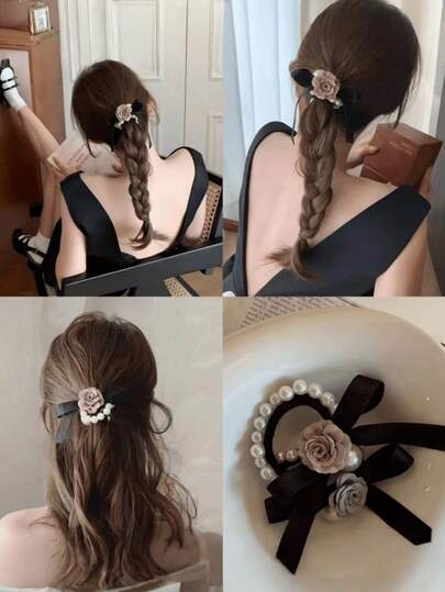 1个新款山茶花蝴蝶结发圈，韩式发饰，甜美马尾珍珠发圈