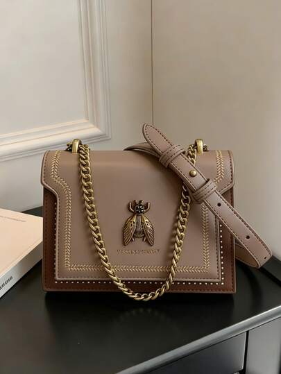 Nueva bolsa de hombro con patrón decorativo de abeja retro de moda, forma cuadrada con correa de cadena de metal, material de PU impermeable de unicolor con relieve de letras, adecuada para viajes, compras, regalo del Día de la Madre