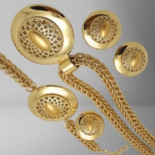 Bộ trang sức vàng 18K Nigeria cao cấp dành cho phái đẹp mùa Ramadan - Dây chuyền bản to bản, mặt dây chuyền rỗng tinh xảo, bông tai/nhẫn/vòng tay đồng bộ, mặt dây chuyền trơn nhẵn với thiết kế tròn lớn. Chất liệu chống oxy hóa, thiết kế sang trọng lấy cảm hứng từ châu Phi, thích hợp cho đám cưới/tiệc tùng. "Đừng ngoảnh mặt làm ngơ. Nó thuộc về bạn, giúp bạn xinh đẹp và thanh lịch trong mọi dịp." - Vàng +2 - Xem 2