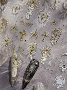 1 Piece Of Light Luxury Retro Holy Light Faith Nail Sticker Exquisite Hot Stamping Nail Sticker Back Adhesive Nail Decoration Sticker DIY Accessories Nail Stickers - Gold - View 3