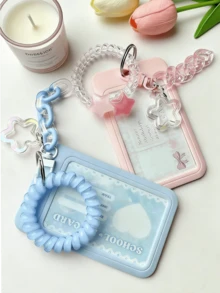 Transparent Pink Star-Shaped Pendant Keychain Card Holder/Photo Holder, Clear ID Card Holder Macaron Color Acrylic Decorative Chain Keychain DIY Pendant Jelly Color High Elasticity Telephone Wire Hair Scrunchies With Removable And Easy-To-Clean Sliding Cover, Keychain - Multicolor - View 12