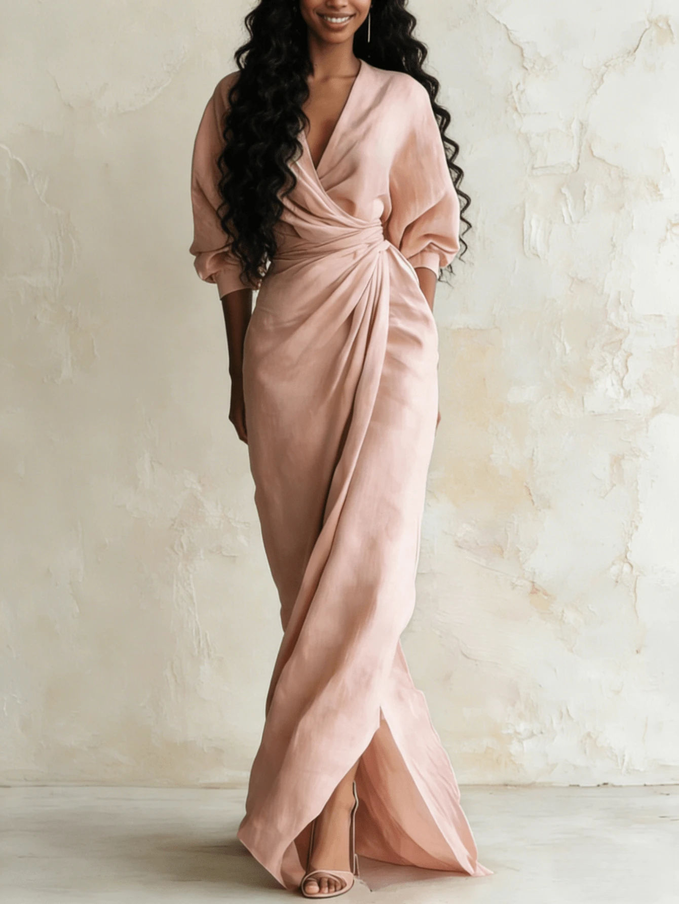 French Retro Linen Texture Wrapped Women's Dress - Fashionable, Elegant, Personalized, Banquet, Banquet, Sexy Spring And Summer New Style Solid Color V-Neck Long Sleeve Waist For Slimming, Bubble Sleeve Split Design Long Dress - màu xám hồng nhạt - Xem 1