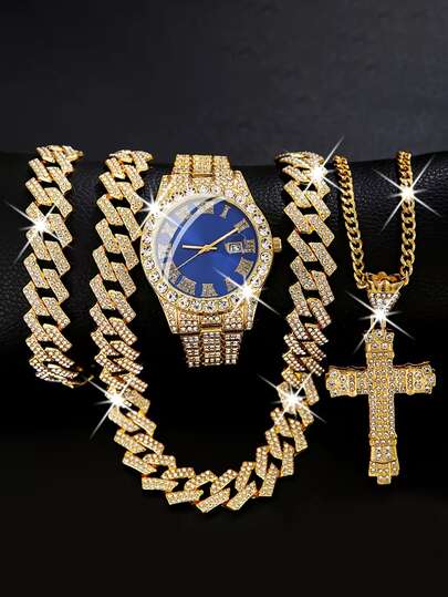 Bộ trang sức cao cấp lấp lánh gồm đồng hồ, vòng tay, dây chuyền và bông tai, phong cách Hip-Hop, đồng hồ kim dây thép mạ vàng có chức năng lịch, thiết kế chìm, phù hợp để đeo hàng ngày, dự tiệc và các sự kiện trang trọng, pin không sạc lại được, quà tặng sinh nhật, quà tặng năm mới, quà tặng Ngày của Mẹ, không kèm hộp quà.